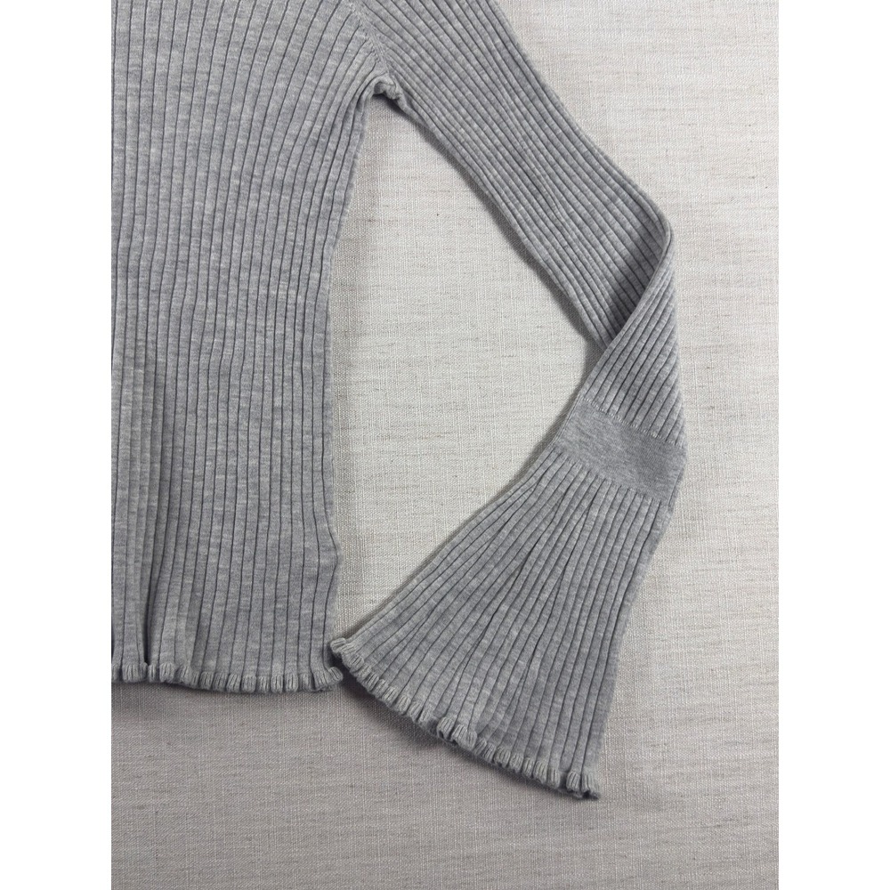 PAIGE Sweater Womens L Gray Ribbed Knit Ruffle Bell Sleeve Crew Neck Pullover - Picture 3 of 10